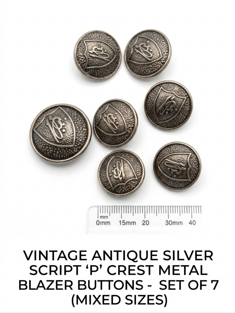 Vintage Antique Silver Script "P" Crest Metal Blazer Buttons - Set of 7